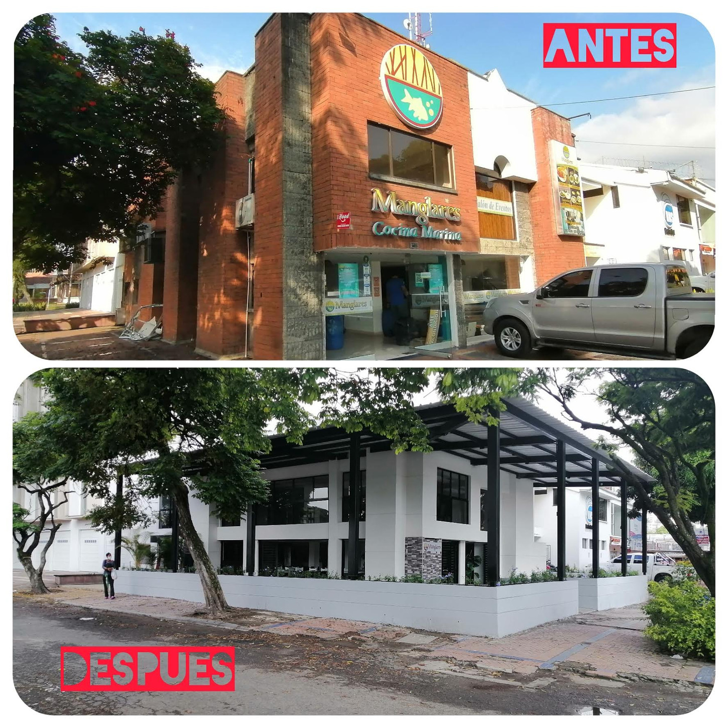 Remodelación Restaurante Manglares , ubicado en frente de acceso vehícular Éxito de la flora, cali valle del cauca.
Remodelación total de fachadas para mayor iluminación y acceso de los clientes, realizada en persiana metálica plegadiza. Barra de atención moderna con iluminación, materas externas con bancas en concreto. Baños y acabados tipo vintage. Cubierta en estructura metálica doble altura en teja UPVC en tubulares de hierro pintados en negro.