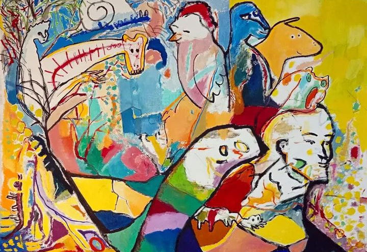 Pintura abstracto - figurativa, plana animales y persona esbozadas