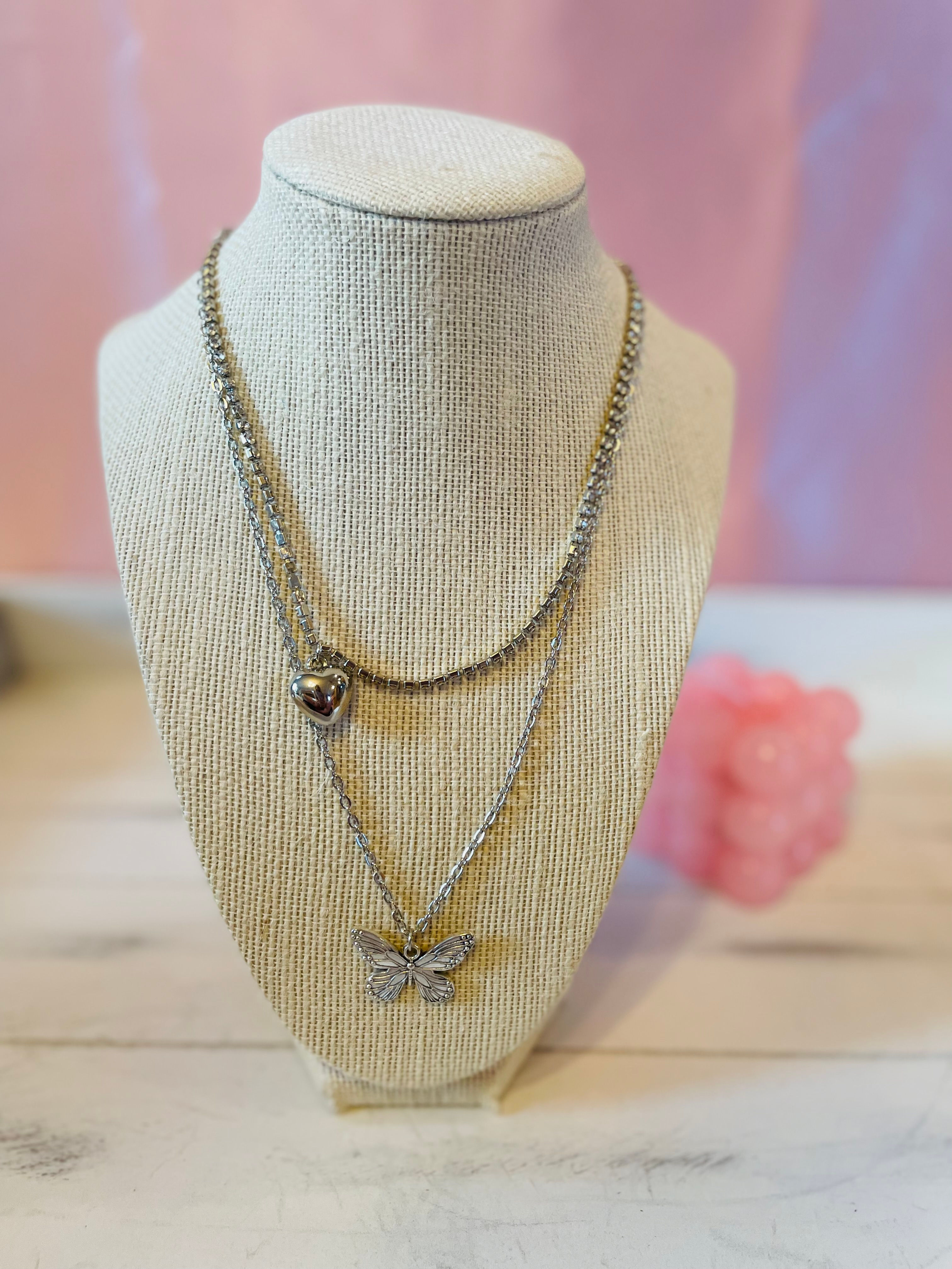 Butterfly heart pendant double necklace
