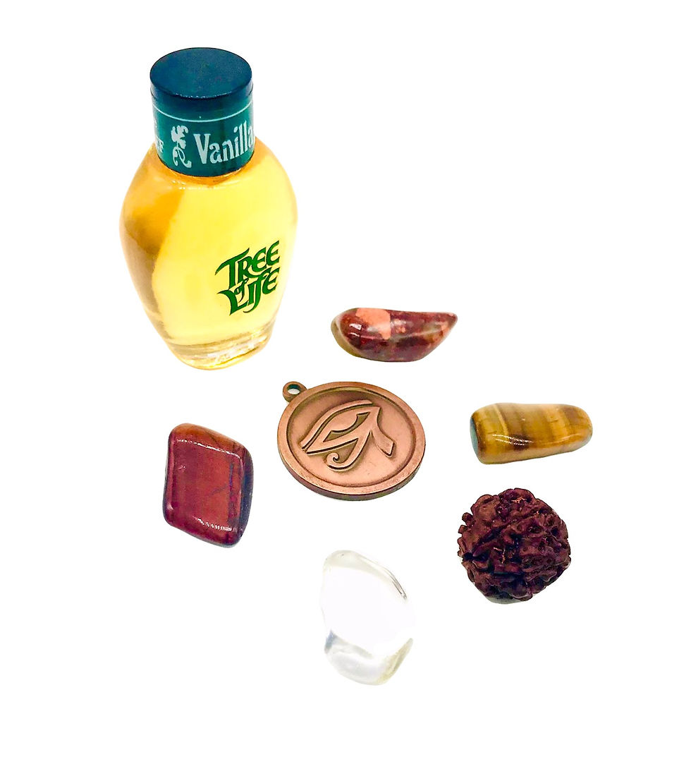 Thumbnail: Confidence crystal kit with Tiger’s Eye, Jasper, Clear Quartz, Rudraksha, oil & talisman in colourful organza bag