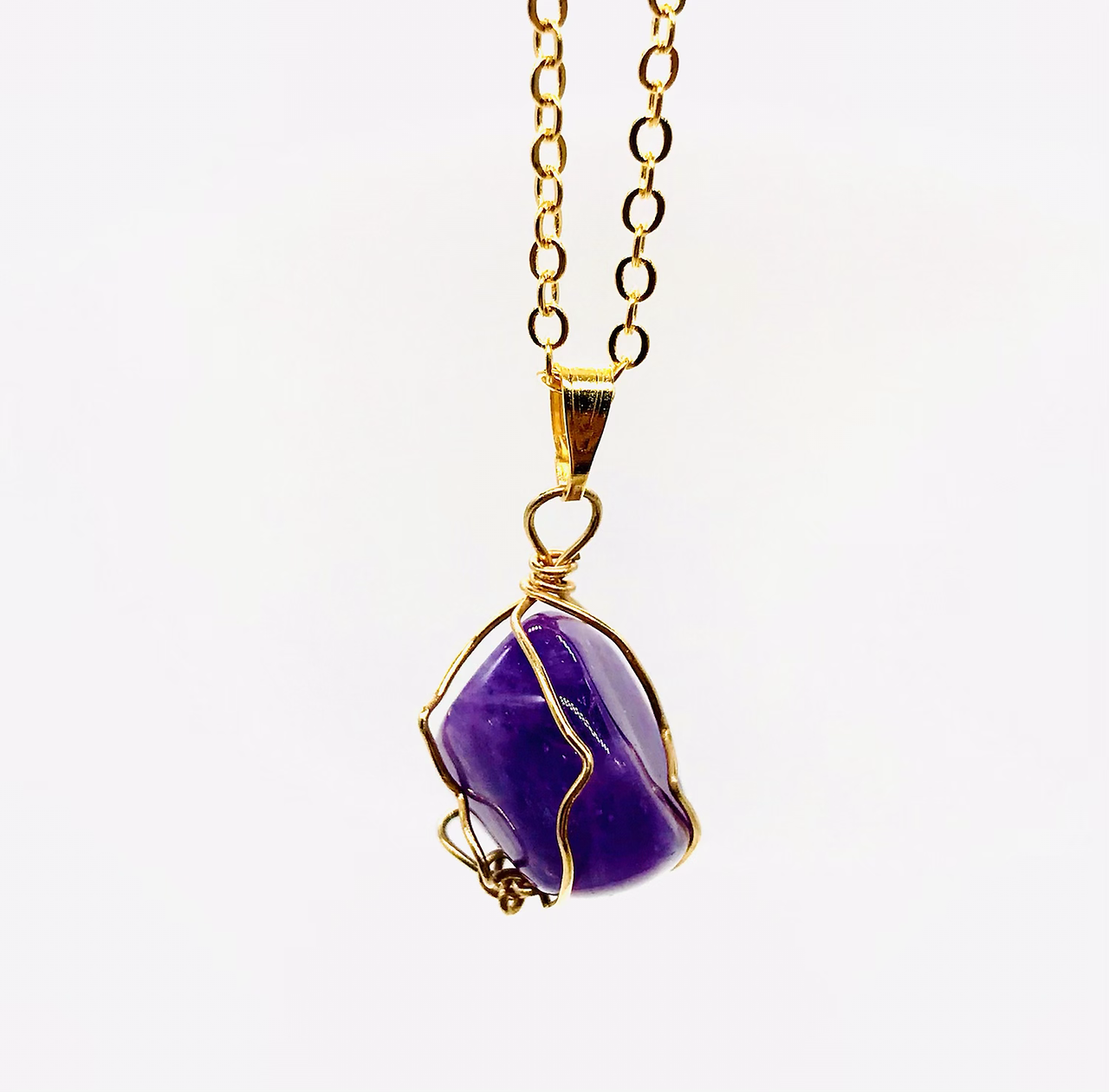 Purple Amethyst Healing Crystal Gemstone Pendant, Gold Plated Chain Necklace | Healing Energy Rocks