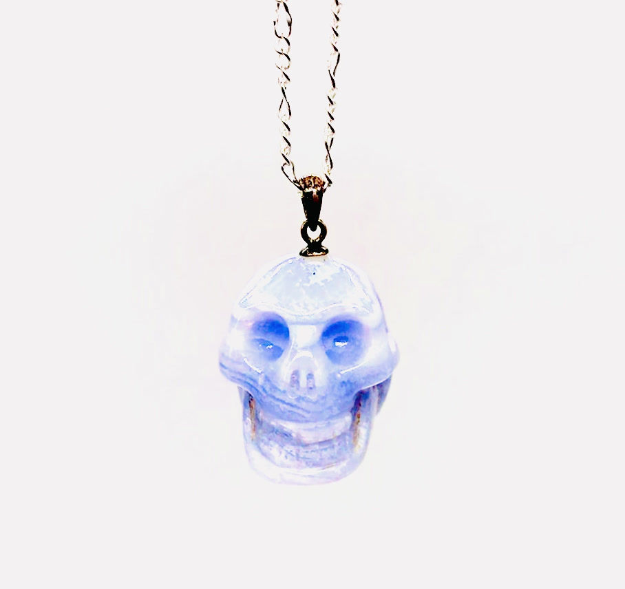 Thumbnail: Blue Lace Agate Skull Pendant Necklace healing crystal for communication and confidence