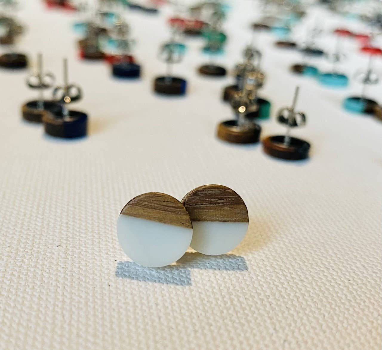 Matte White Resin & Wood Post Earrings