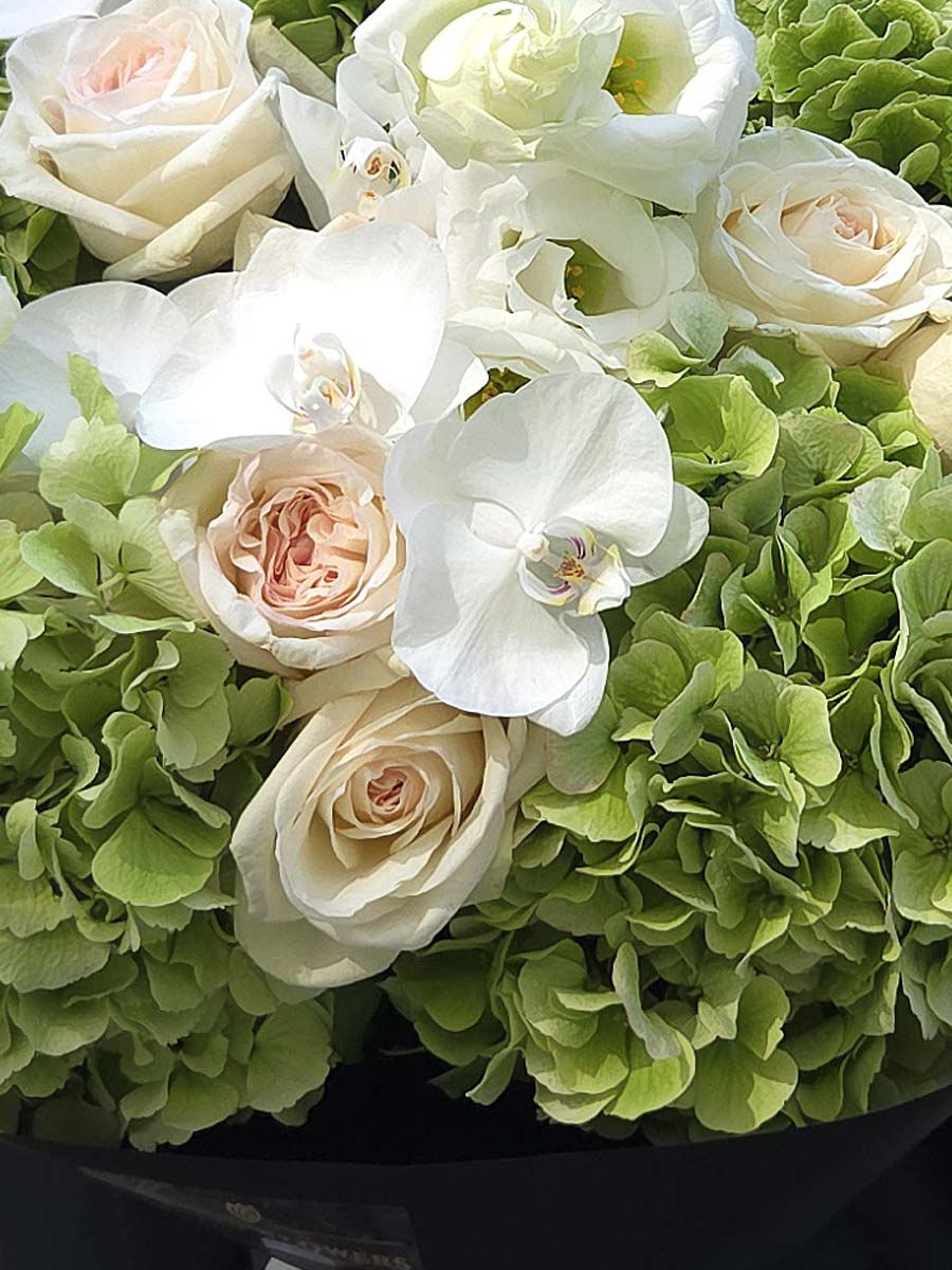 Букет з гортензій, піоновидних троянд, орхідей, еустоми