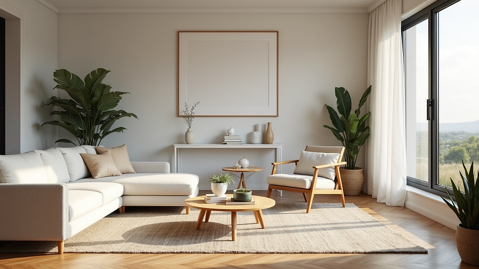 Close-up view of a minimalist living room with natural light and simple decor