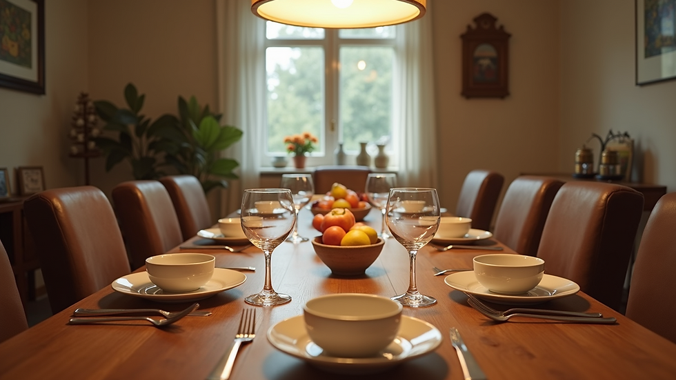 Eye-level view of a cozy family dining table set for dinner
