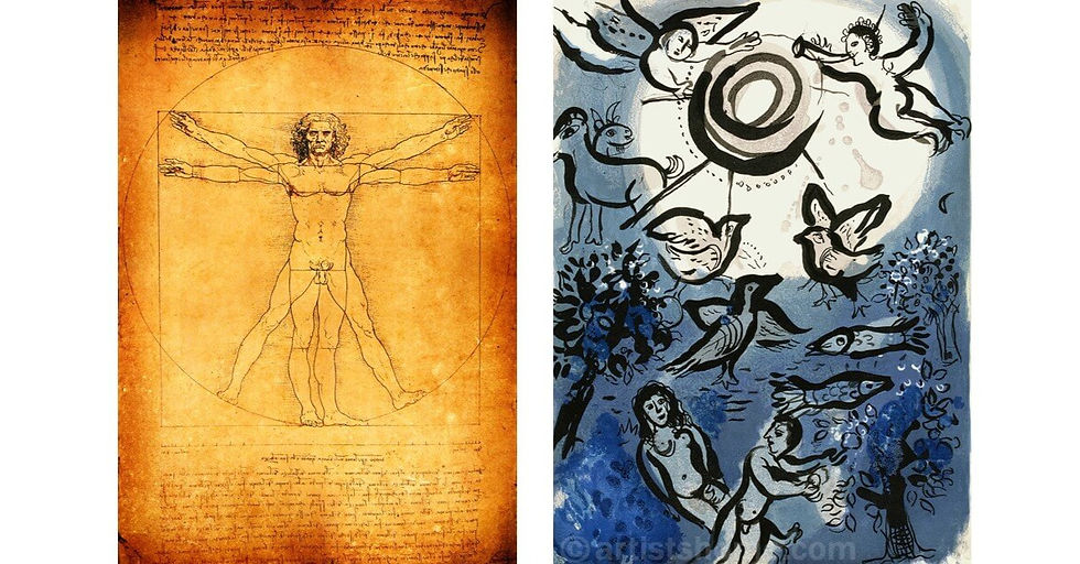 Contraste entre el Hombre de Vitruvio de Da Vinci y los animales en la Creación de Marc Chagall