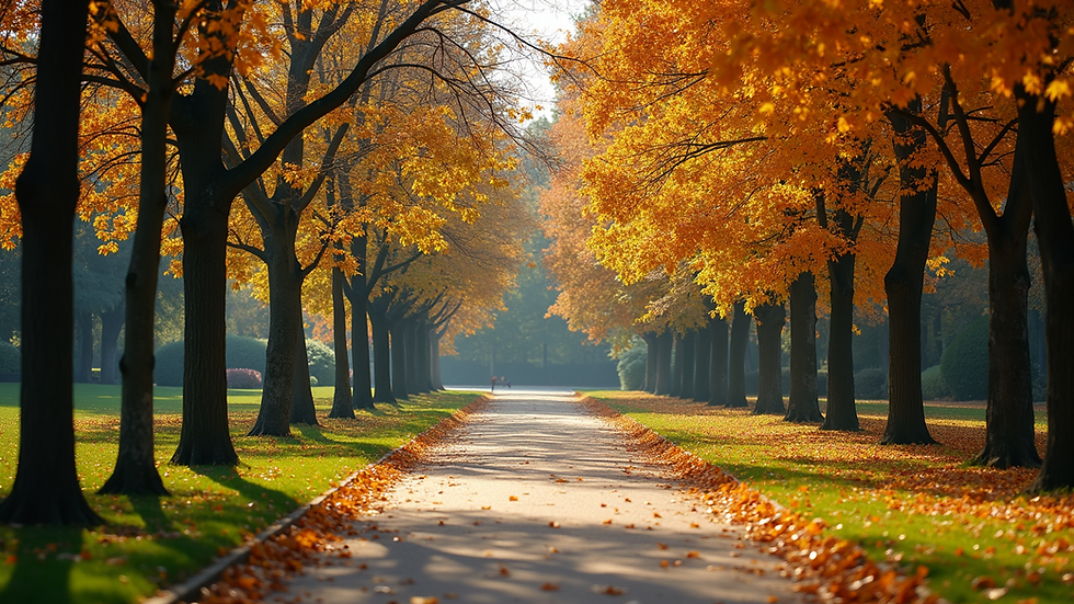 Wide angle view of a tranquil park pathway amid changing seasons