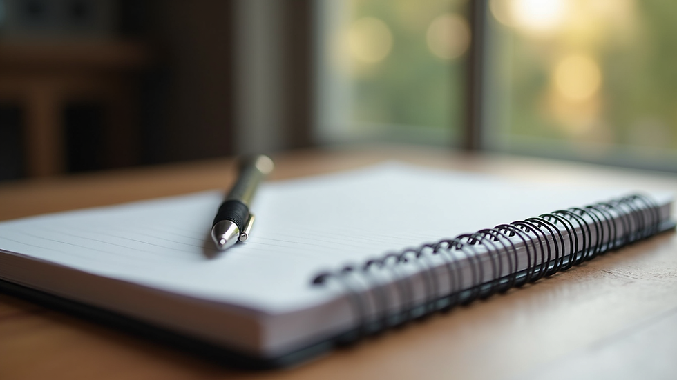 Close-up view of a notebook and pen on a wooden table