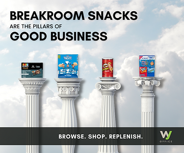 Sample snack products arranged on white columns.