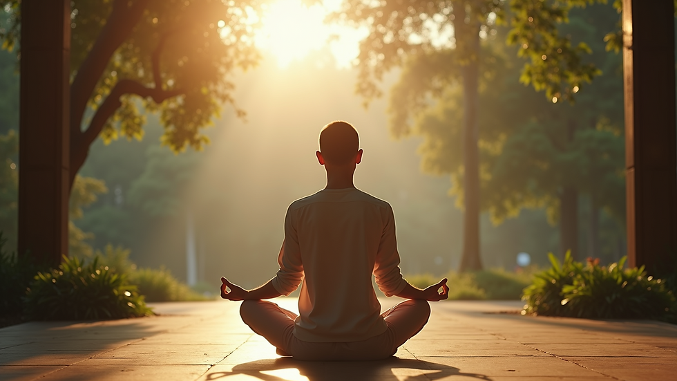 Eye-level view of a person meditating in a serene environment
