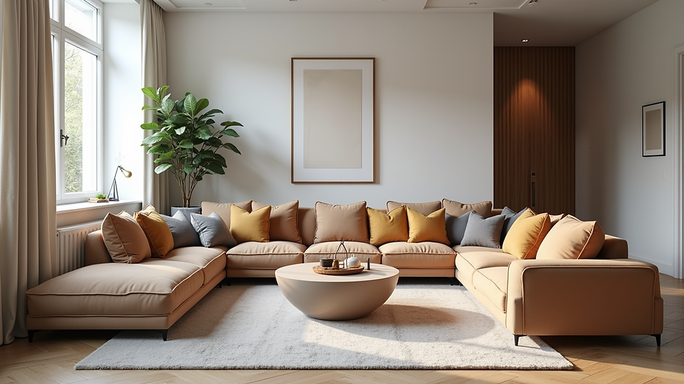 Eye-level view of a modern living room with stylish furniture and decor