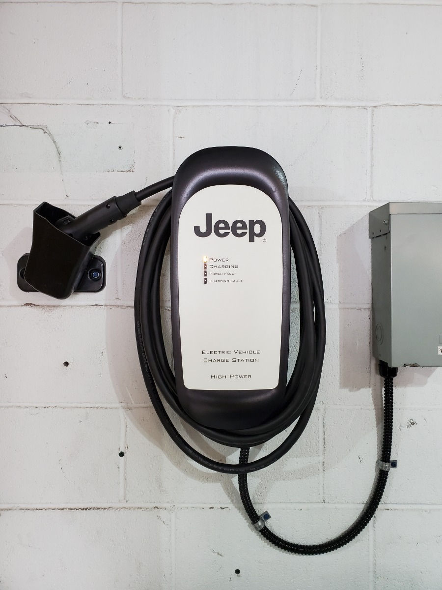 Wall mounted Electric Vehicle Charger, Jeep Brand Pictured