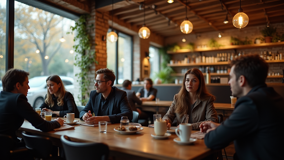 Eye-level view of a cozy café setting with people engaged in conversation