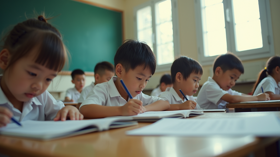Eye-level view of a group of children studying in a classroom