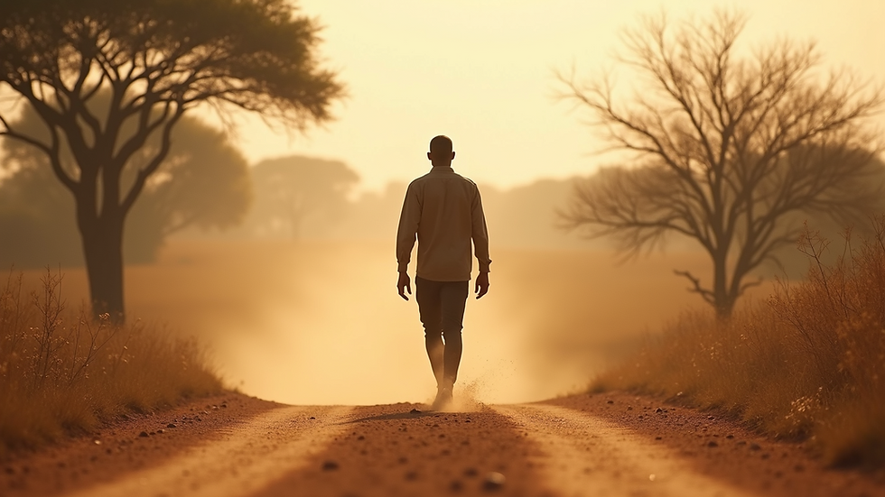 Eye-level view of David walking along a dusty road in Zimbabwe