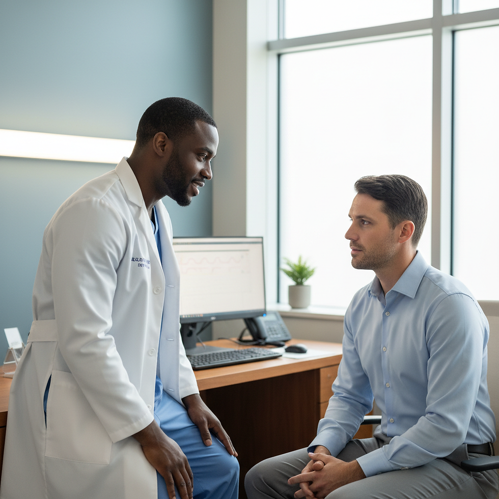 A Black male doctor consulting with a white male patient in a modern medical clinic