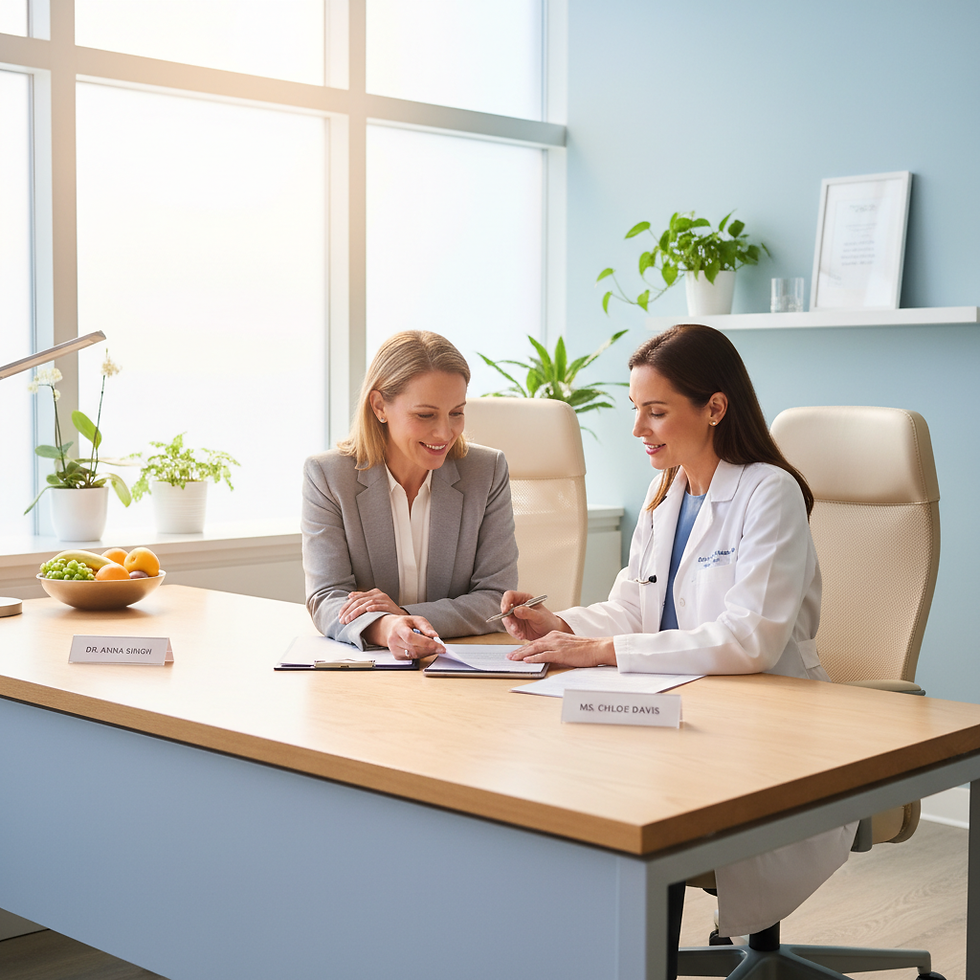 Woman researching hormone and wellness clinic options with physician guidance