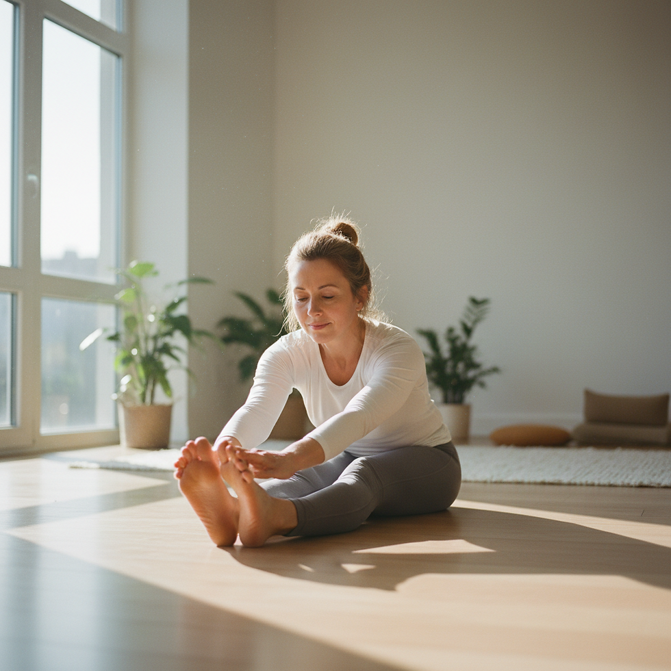 Woman in her 40s doing gentle morning stretching at home, supporting joint health during perimenopause
