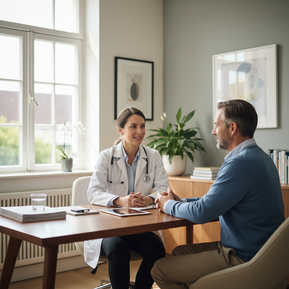 Healthcare professional speaking with a patient in a modern medical office