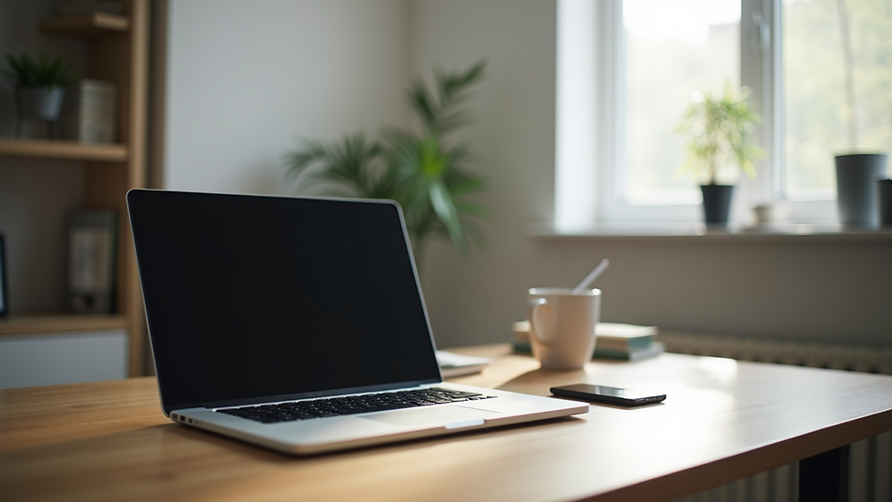 Eye-level view of a laptop on a desk with a calm home office setup