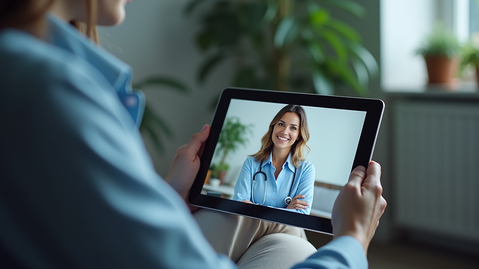 Close-up view of a tablet showing a telepsychiatry session in progress