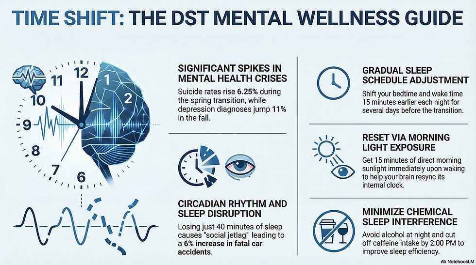 Infographic: Why You Feel Off This Week - The DST Effect on Mental Health. Shows circadian rhythm disruption, sleep impacts, mood effects, and 6 strategies for a smooth transition.
