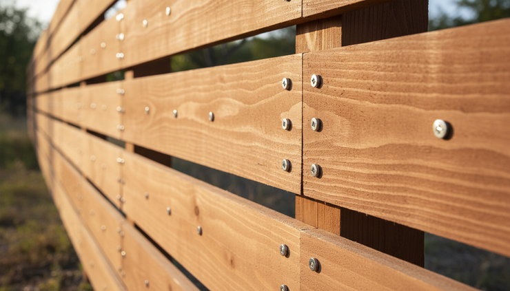 Close-up view of treated wood fence boards with stainless steel fasteners