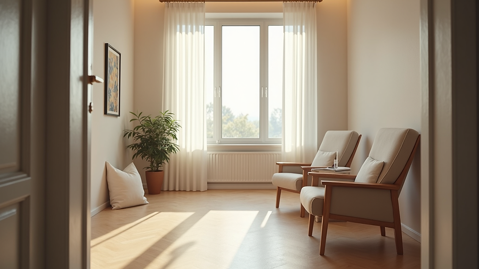 Eye-level view of a calm therapy room with comfortable chairs