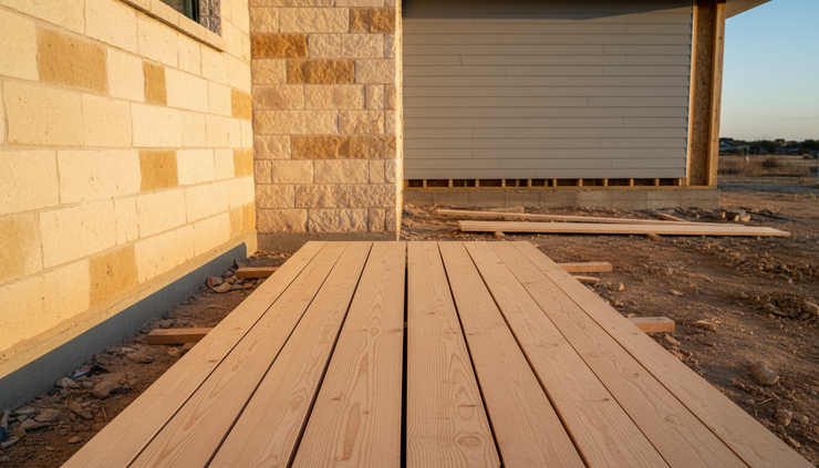 Eye-level view of clear lumber boards prepared for a modern home facade