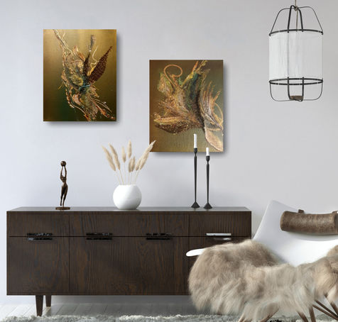 Two-part abstract acrylic painting in shades of green and brown with golden and rusty elements on a light-colored wall.