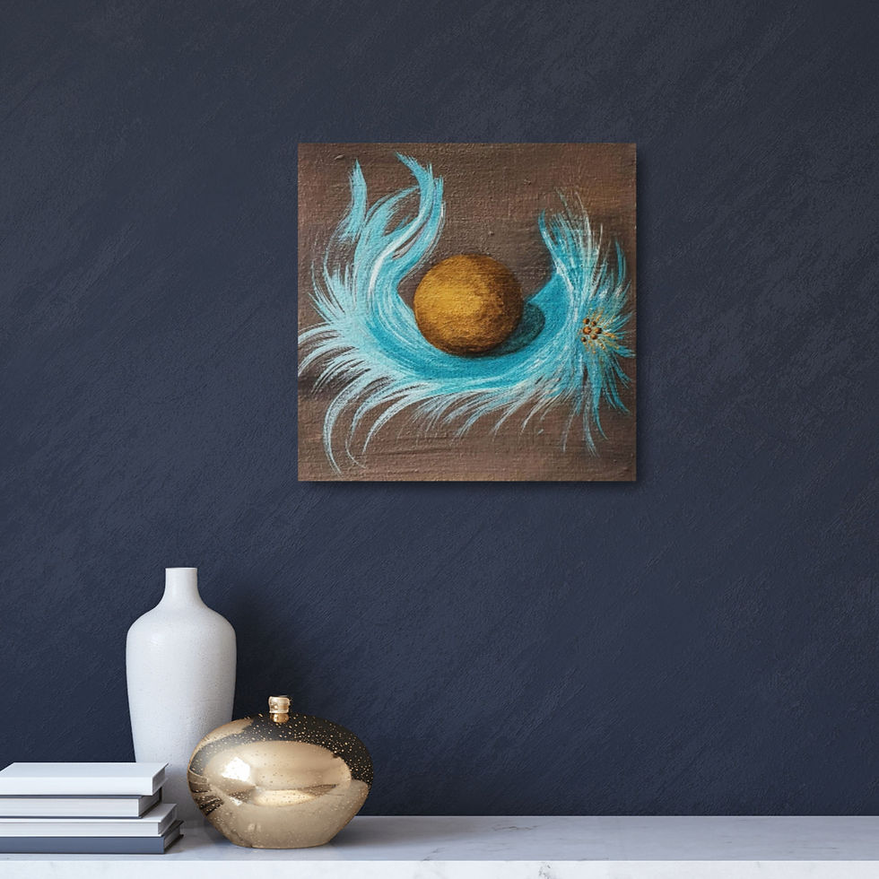 Acrylbild in Mischtechnik auf Leinwand Leichtigkeit des Seins mit türkisfarbener Feder und goldener Kugel an dunkler Wand