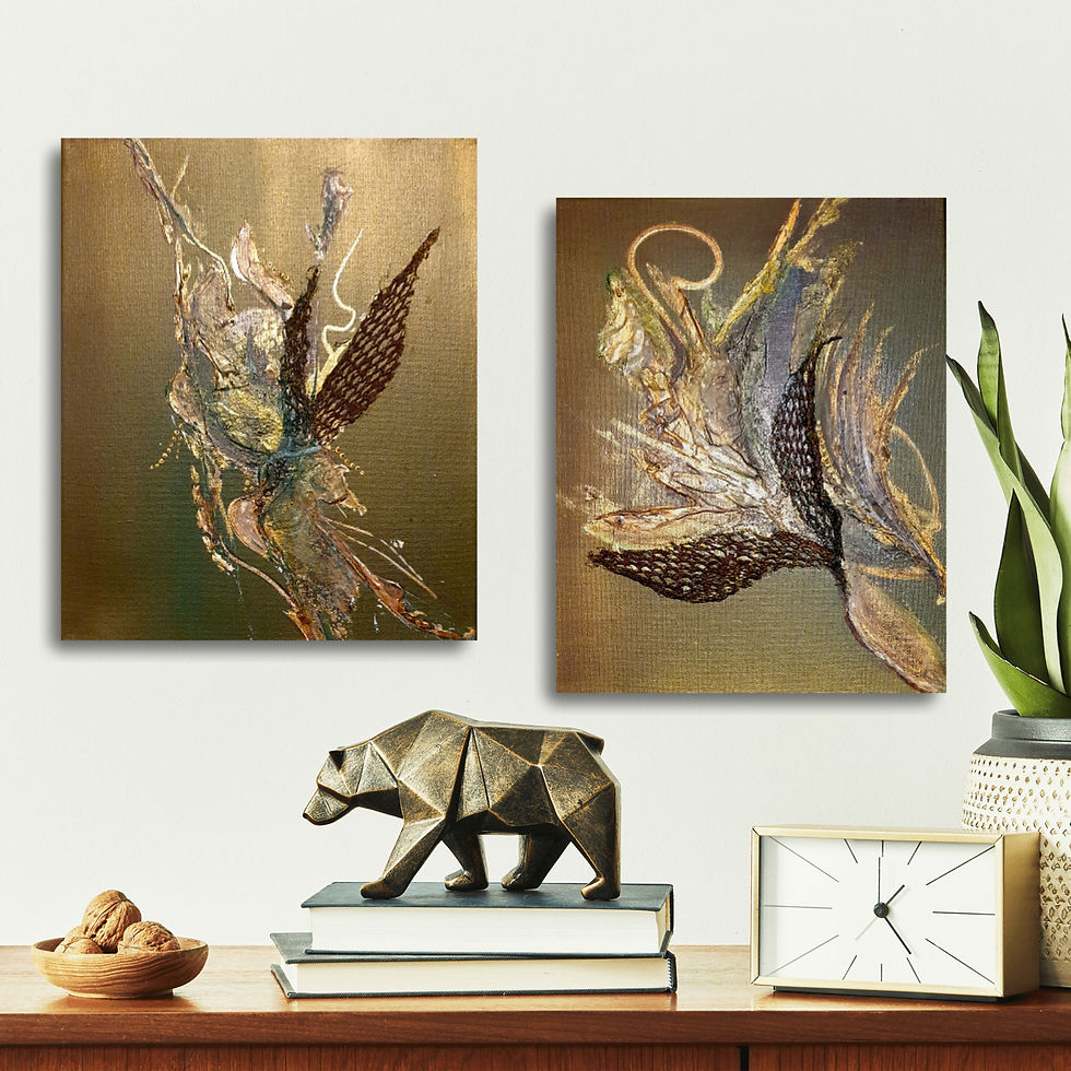 zweiteiliges abstraktes diptychon "Butterfly effect" auf Leinwand mit verschiedenen Strukturen an weißer Wand,