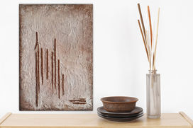 Hand painted acrylic painting in natural shades on canvas. With copper colored vertical and horizontal elements.