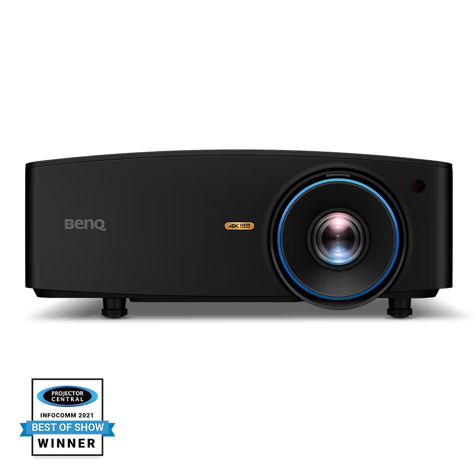 Black BenQ projector with blue lens ring and "4K HDR" label. Award badge for "InfoComm 2021 Best of Show Winner" at bottom left. BenQ LK936ST image
