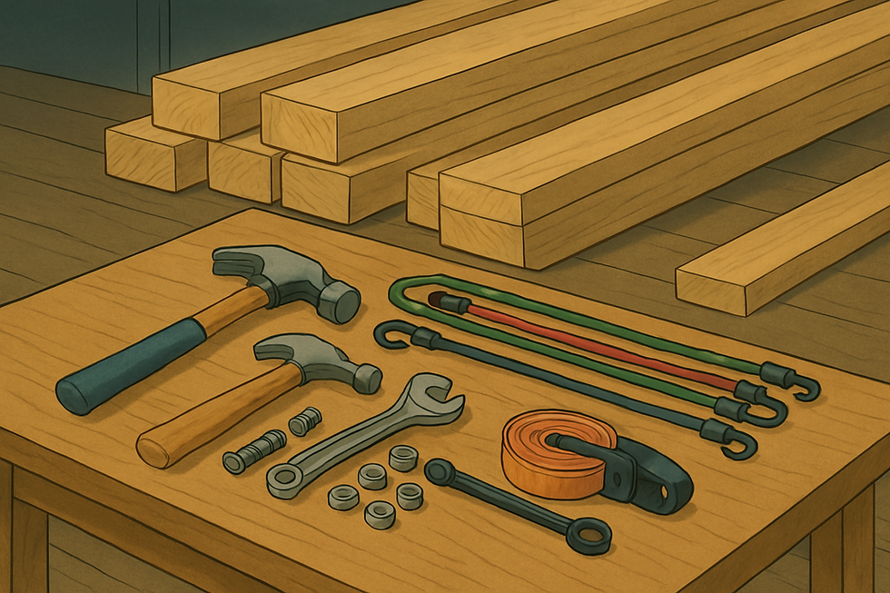 Tools on a wooden table, including hammers, a wrench, bolts, bungee cords, and straps. Background shows stacked wood planks. Rustic setting.