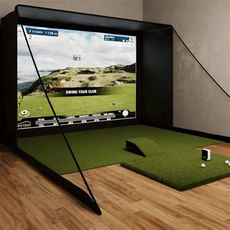 complete golf simulator setup with projector hidden under the golf mat projecting an image of a golf course on the screen