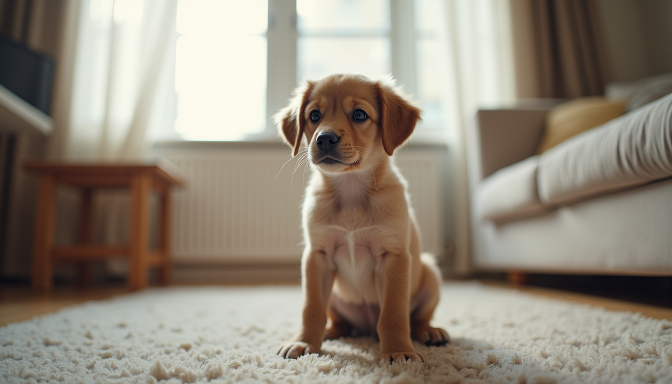Adorable puppy sits patiently on a living room rug near a window.