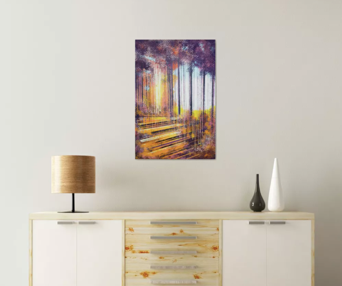 Thumbnail: A LANDSCAPE PAINTING OF FOREST TREES AT SUNSET, ORIGINAL LANDSCAPE PAINTINGS FOR SALE ONLINE