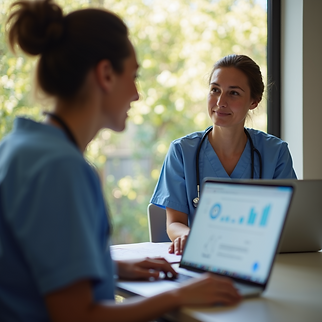 environmental shot nurses virtual meeting laptop home office soft lighting professional di
