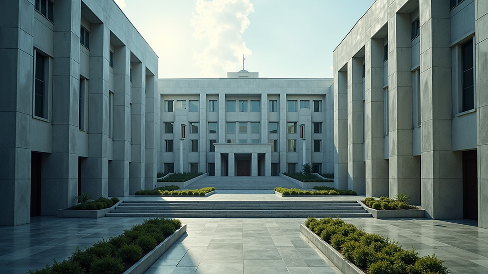 High angle view of a modern government building with digital elements