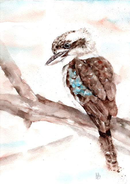 Watercolour painting of Australian native bird, a kookaburra on a branch with a soft sunset background