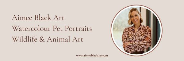 Banner with smiling woman in a circular portrait beside text: Aimee Black Art, Watercolour Pet Portraits, Wildlife & Animal Art