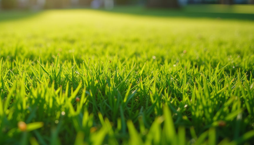 Wide angle view of a lush green lawn in a residential area