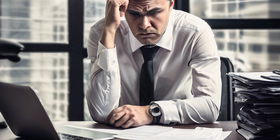 Man in suit looks stressed at a cluttered desk with papers and laptop. Trying to understand common contract clauses