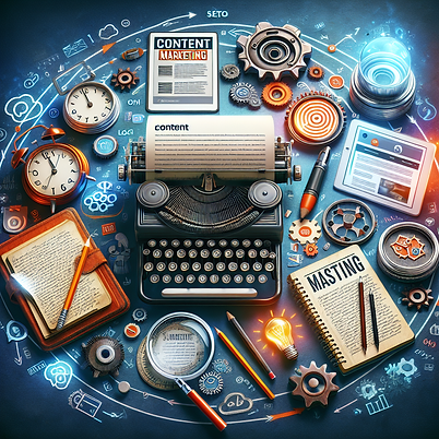 Image of a typewriter and notepads with Content Marketing written on them