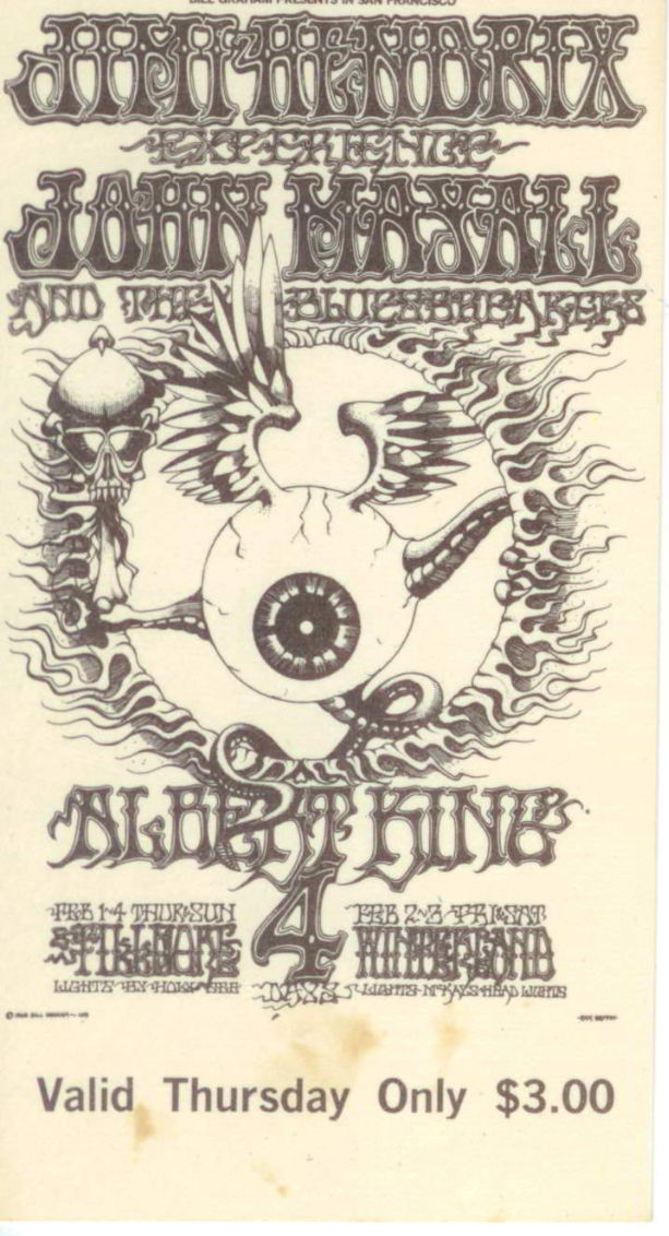 BG 105 Jimi Hendrix Rick Griffin Bill Graham Fillmore 1968 Concert Ticket