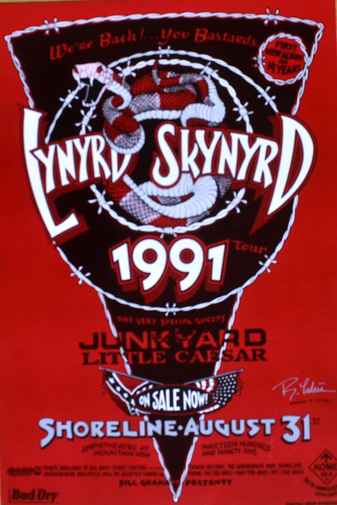 Lynard Skynard 1991 Baton Rouge Concert Poster Signed Randy Tuten