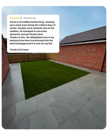 Modern porcelain paving and new turf area in a family-friendly garden