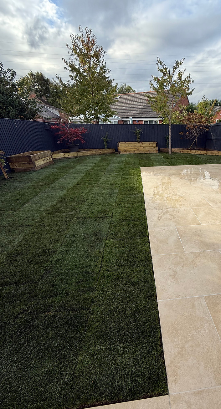Freshly laid, high-grade natural turf in a spacious garden with clean paving borders
